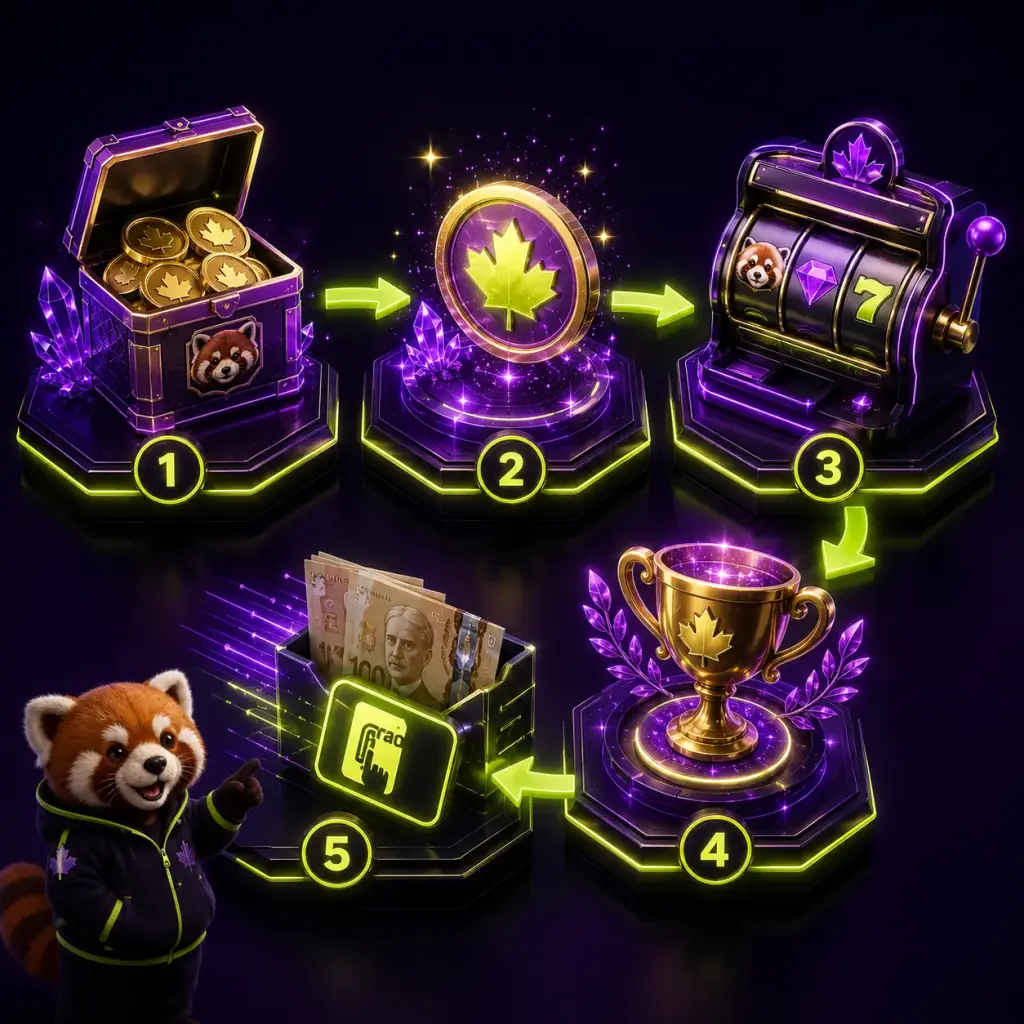 Illustrated Canadian sweepstakes casino flow with Gold and Sweeps Coins